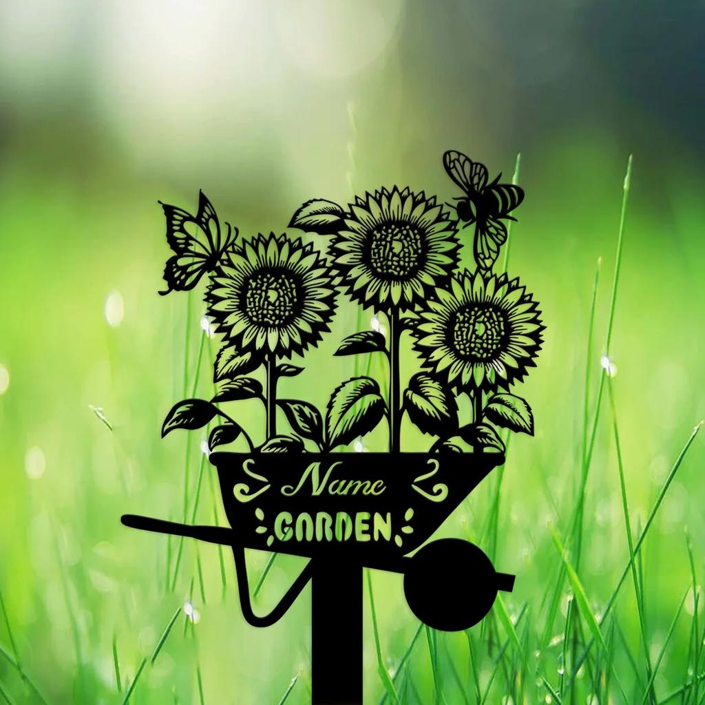 Sunflower Name Garden Stake, Metal Yard Art Personalized Sign, Custom Flower Decor with Stake