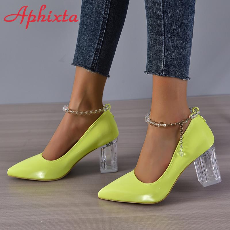 Aphixta 2025 New Luxury Transparent Bead Chain 7cm Transparent Chunky Heels Pumps Women Shoes String Bead Pointed Toe Pumps