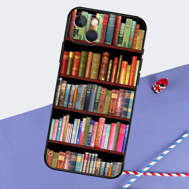 Vintage BOOK Bookworm Bookshelf Phone Case For iPhone 16 Pro 15 Pro 11 12 13 14 Pro Max Mini XR 16e 15 16 Plus Cover Shell