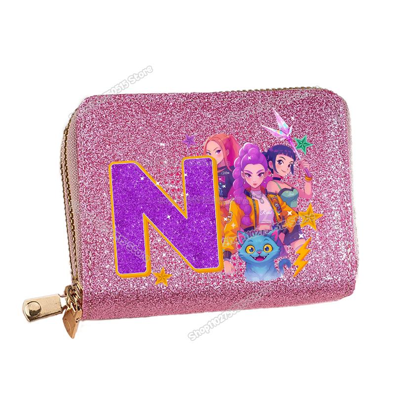 Korean Pop Demon Hunters Letter A-Z Women Short Wallet Bling Sequin Pu Leather Wallets Zipper Coin Purse ID Card Holder Girl Purse