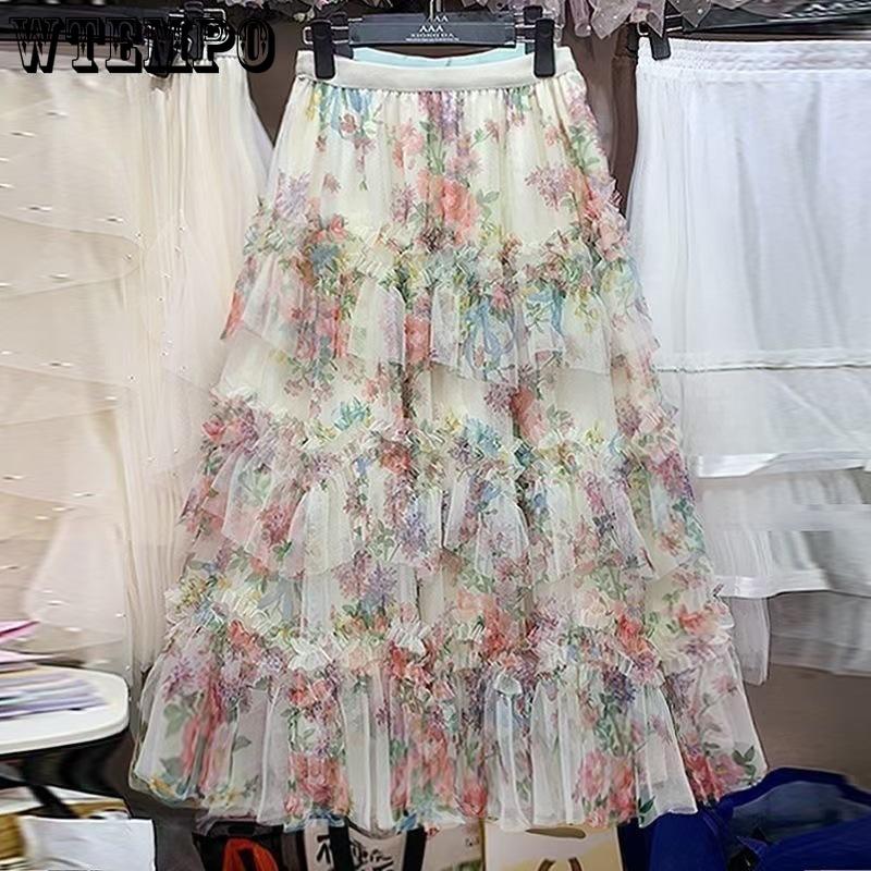 Women's Irregular Floral Half Skirt Spring and Autumn New French Style Long Skirt A-line Skirt