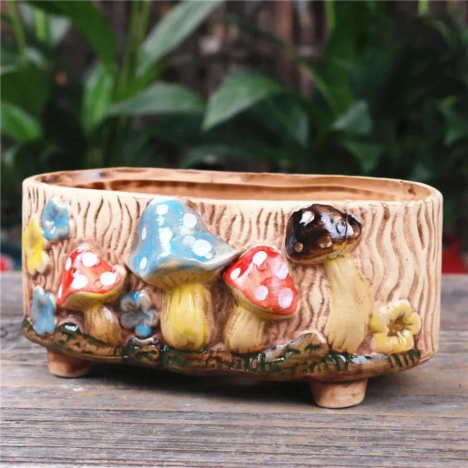 Mushroom Stoneware Succulent Flower Pot Living Room Decoration Planter Vintage Handicrafts Bonsai Pots Fairy Garden Personality