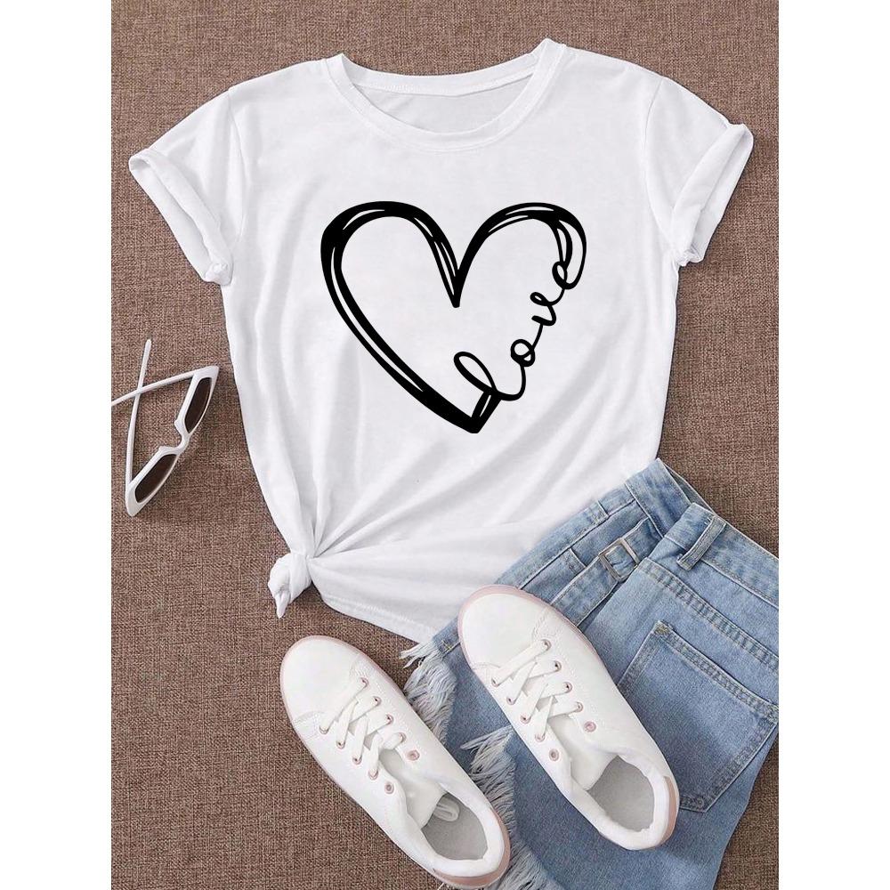 Love Heart Printed Trend Women Fashion Clothing Graphic T-shirts Clothes Print Female Shirt Short Sleeve Lady Casual Tee