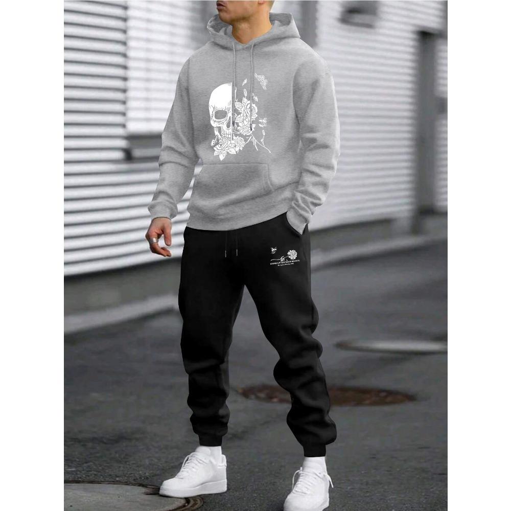

Men s Vacation Style Printed Hoodie Set, Retro Casual Hoodie with Drawstring Pants, Autumn and Winter Outdoor Men s Two Piece Set XXL