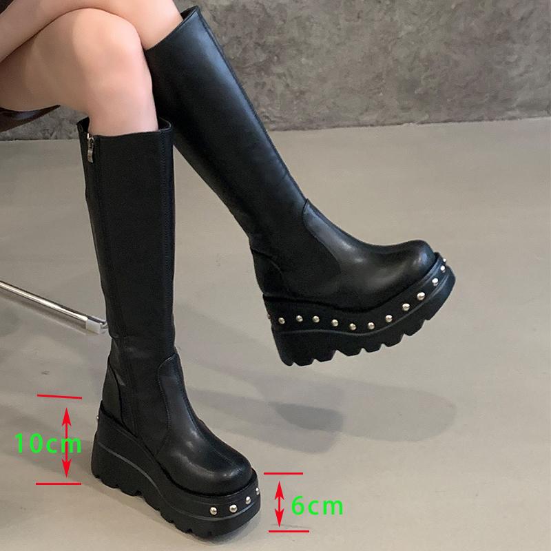 Women Knee High Boots Soft Leather Platform Round Toe Long Shoes Woman High Heeled Motorcycle Boots Elegant Lady Boots