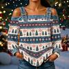 Women's Casual Off-Shoulder Long Sleeve Christmas Print Top for Holiday Parties
