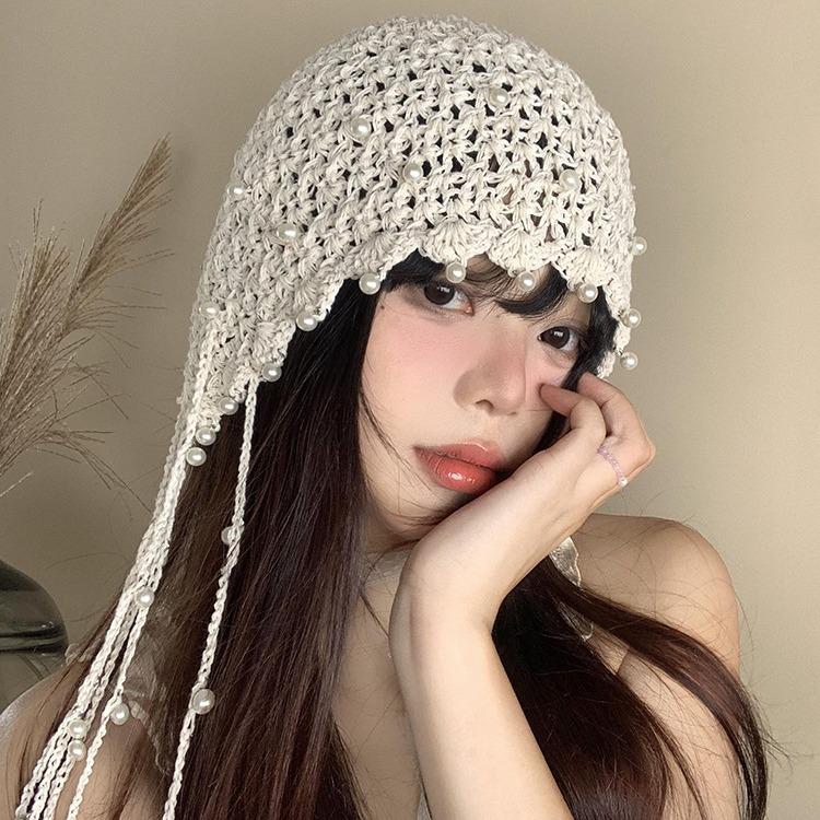 Hollow Pearl Tassel Pendant Bag Head Hat for Women Summer Celebrity Style Knitted Pullover Hat Retro Face Showing Hat