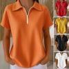 Women Tops Lapel Short Sleeve Zipper Half Placket Shirt Tops Pure Color Waffle Texture