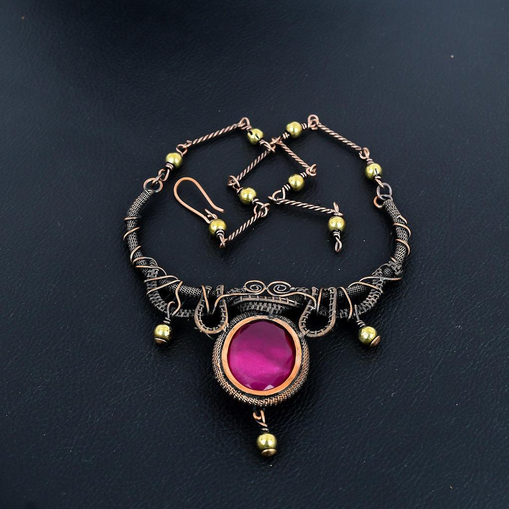 Ruby Necklace, Handmade Gemstone Necklace, 999 Copper Wire Wrapped Necklace Antique Jewelry