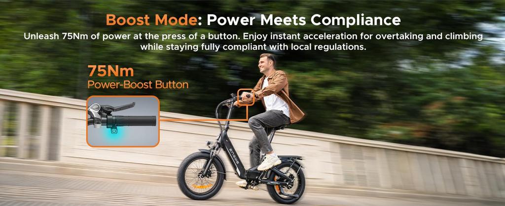 The ENGWE electric bicycle comes with an app, a 48V 13.5Ah battery (range up to 135 km), and 20*3.0 tires.L20 3.0 BOOST