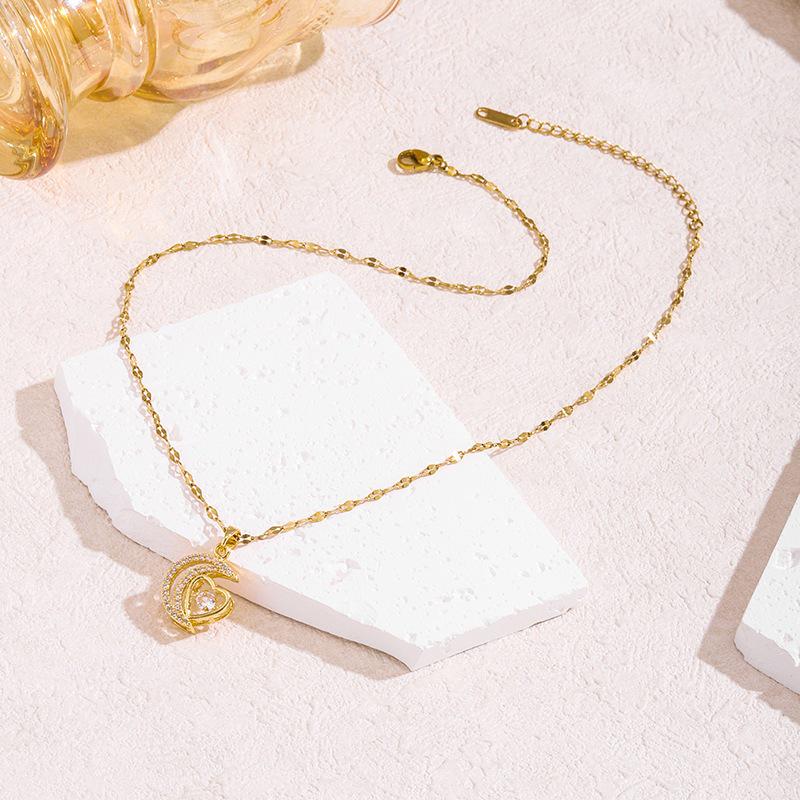 Lively Heart & Moon Necklace - Women's Rose Gold Korean Design, Non-fading Collarbone Chain with Love Pendant