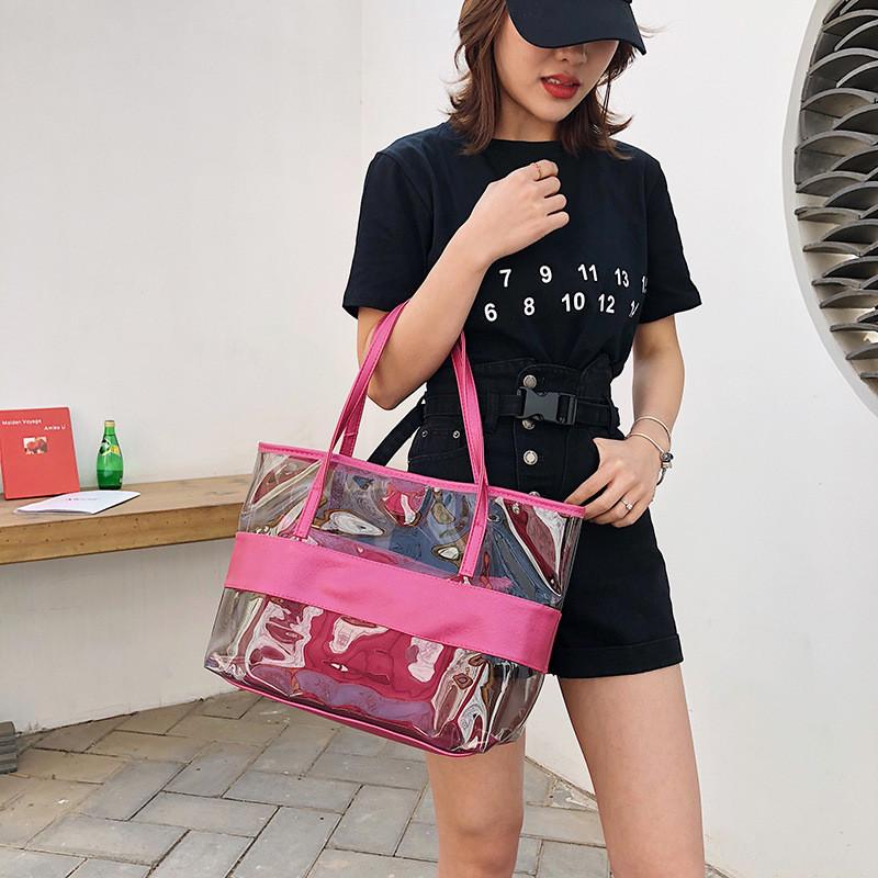 Stylish Pvc Transparent Jelly Beach Bag Waterproof Shoulder Bag In Rose Red Blue Gold Brown