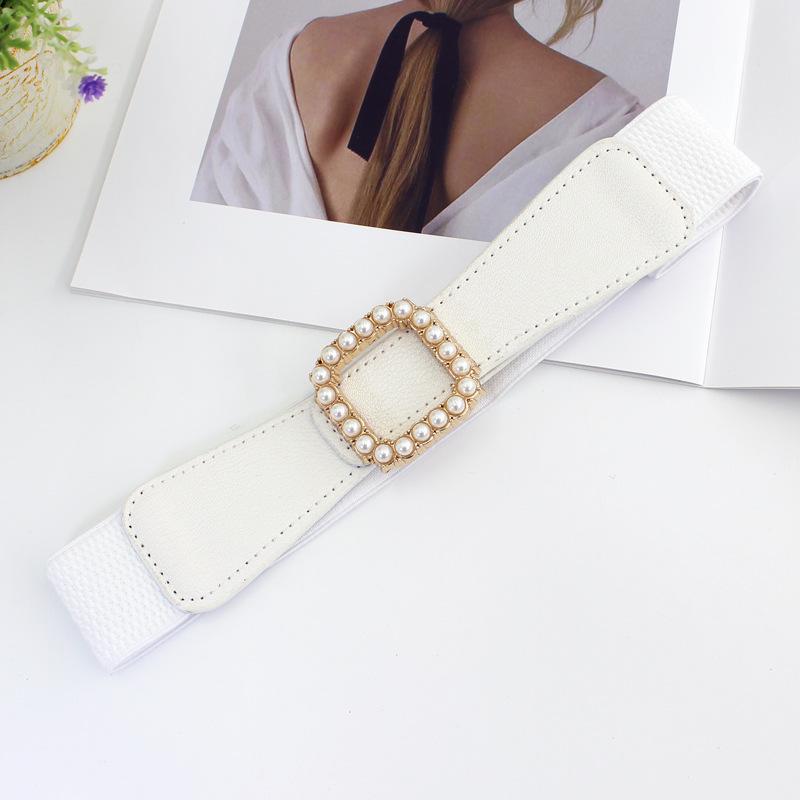 Square Pearl Inlaid Smooth Buckle Elastic Belt Women'S Dress Decoration Elastic Thin Waist Seal Three Sizes