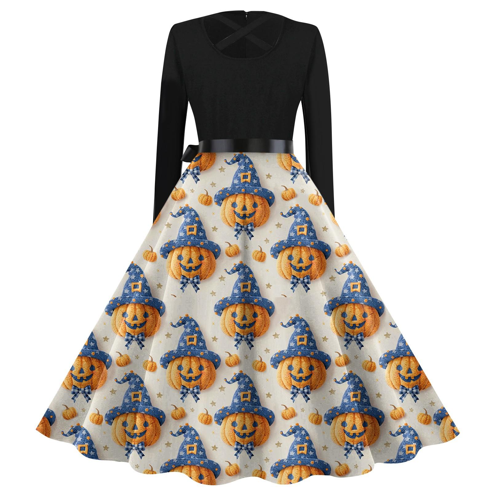 Женская повседневная мода с длинным рукавом Хэллоуин принт винтажные длинные платья осень — фото 4