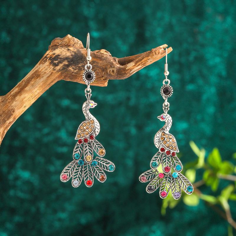 

Vintage Ethnic Colroful Rhinestone Peacock Dangle Earrings For Women Long Classic Silver Color Animal Earrings Female Jewelry