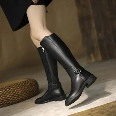 New Female Winter Leather Long Boots Trend Spring Autumn Knee High Boot Women Comfortable Low Heels Black Luxury Shoes