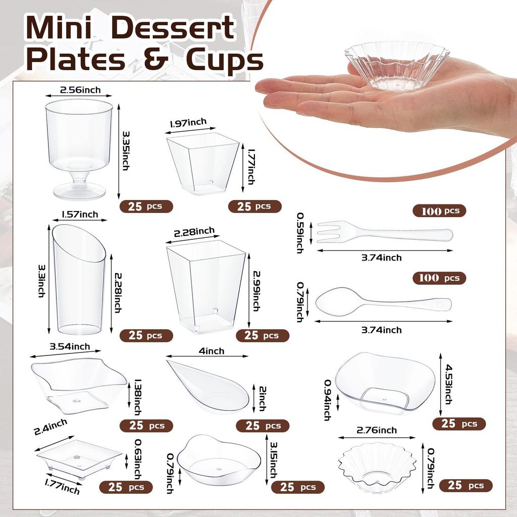 450pcs Transparent  Plates Dessert Cups Spoon Fork Set Multi-Shape Plastic Ice Cream Cups Disposable Tableware Party Dining Accessories