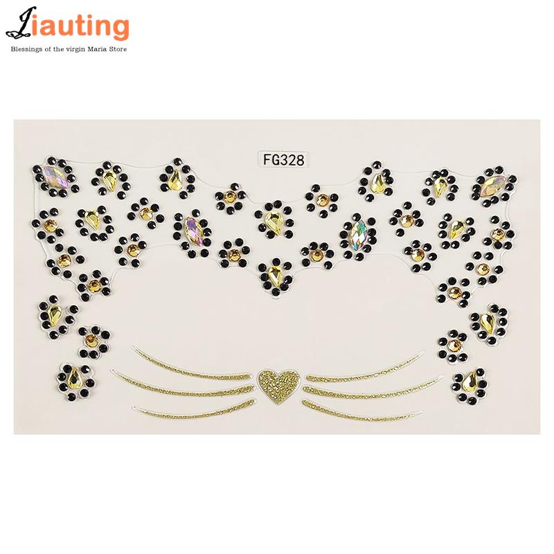 

1PC 3D Face Tattoo Stickers Animal Cat Face Decor Temporary Tattoos Fake Tattoo Rhinestones For Woman Party Face Jewels Sticker