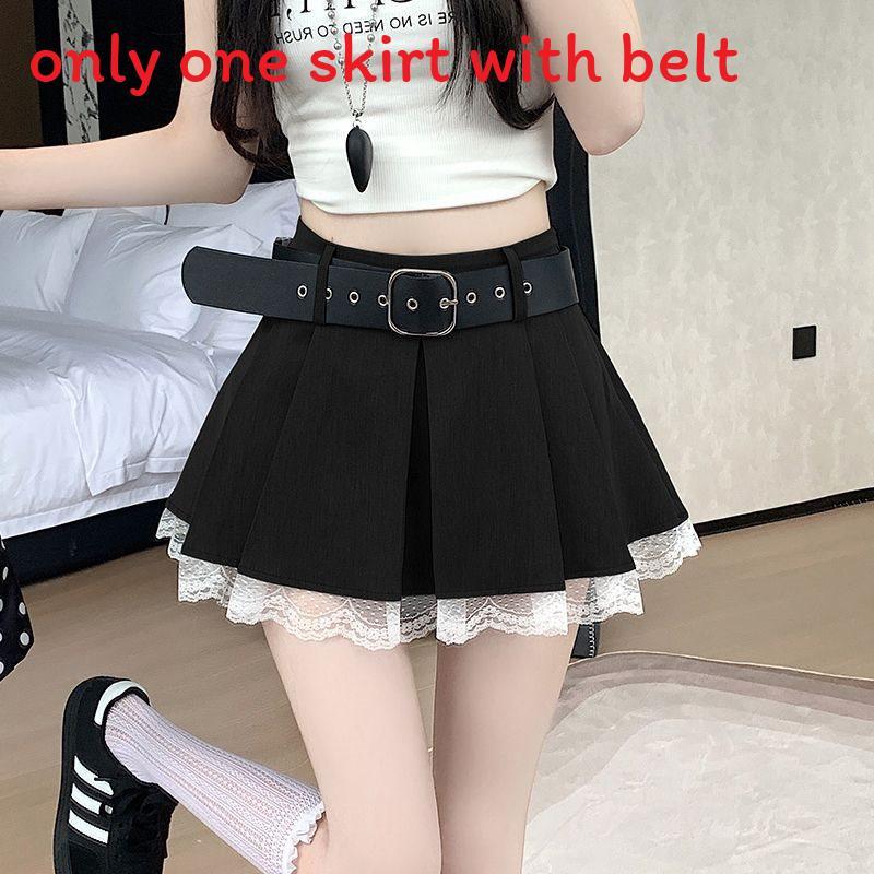 Classic High Waist Pleated Skirt With Lace Patchwork For Summer Fashion