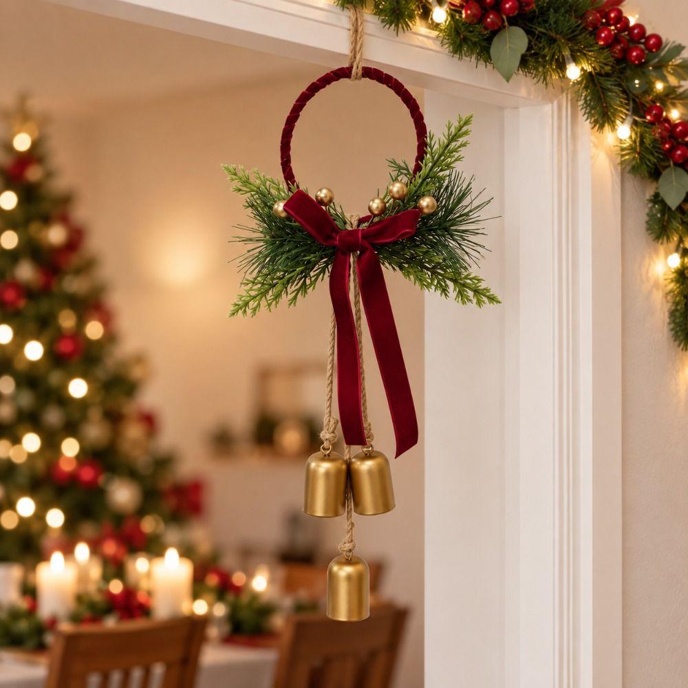 Pine Needles Christmas Bell Door Hanger with 3 Bells Velvet Bow Bell Ornament Foyer Decor