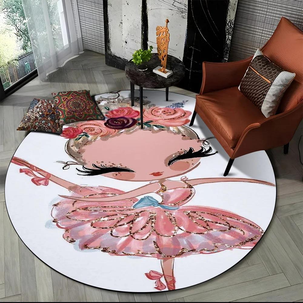 Cartoon Ballet Girl Fairy Ballerina Flower Round Carpet Rug for Living Room Bedroom Child Decor,Pet Area Rug Non-slip Floor Mat