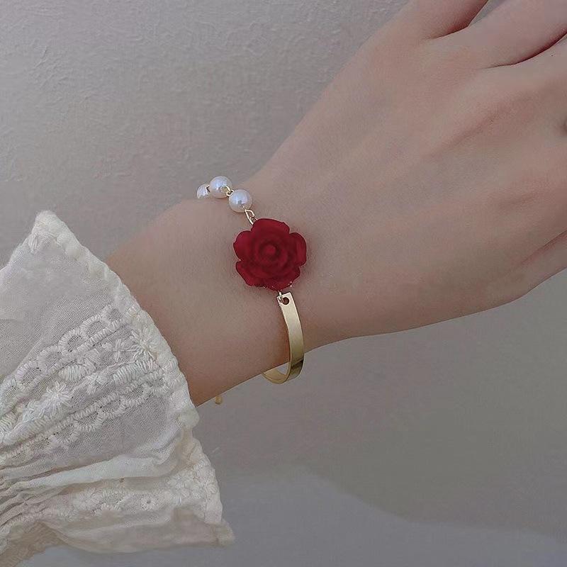 Korean Style Red Rose Imitation Pearl Bracelet For Women Luxury Zircon Flower Butterfly Adjustable Cuff Bracelet Wedding Jewelry