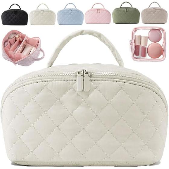 

Дорожная плоская косметичка для женщин, широко открывающаяся на 180°, большой вместимости, косметический кейс, пухлый, с мягкой подкладкой, водостойкий органайзер для туалетных принадлежностей с отделениями белый