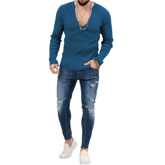Men Fall Winter Sweater V Neck Slim Fit Long Sleeve Elastic Knitted
