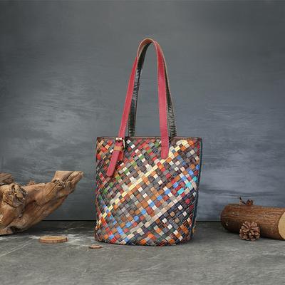 Retro Cowhide Colorful Woven Bucket Bag, Versatile Color-blocking Tote Bag, High-end Single-shoulder Bag