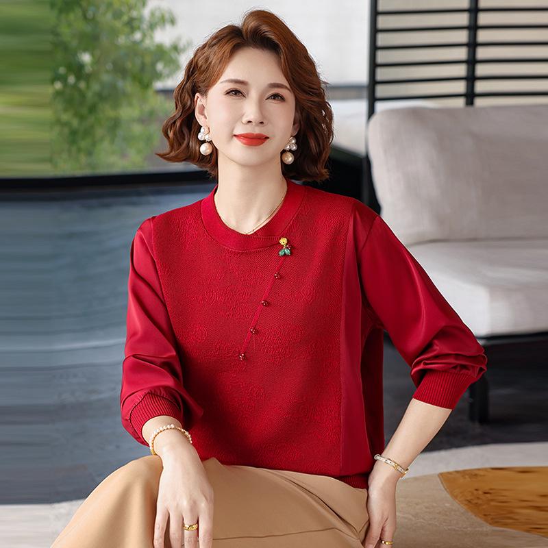 

Chic Summer Jacquard Knit T-Shirt for Middle-Aged Women - Gauze Sleeve, Lightweight Long-Sleeve Top for Spring and Autumn 5XL (150-165 kg)