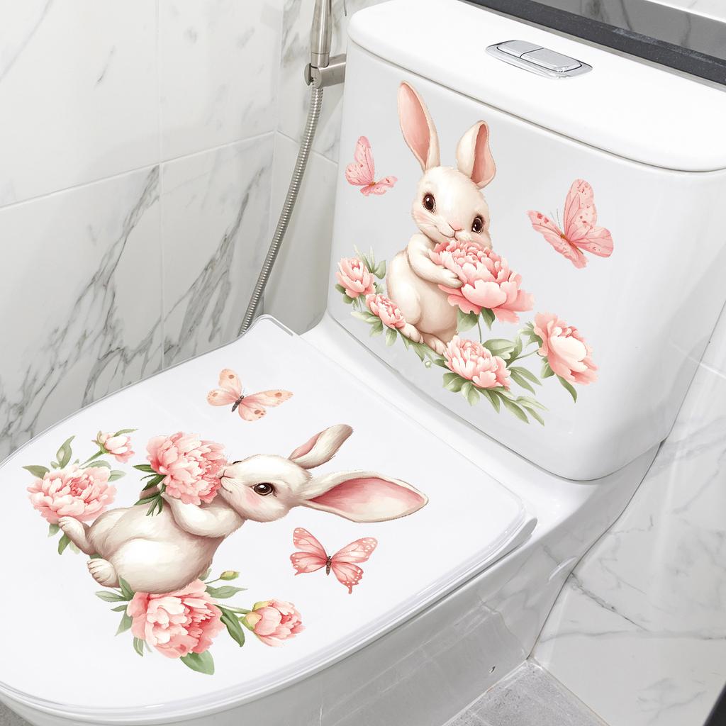 Cute Rabbit Peony Toilet Decoration Stickers, Bathroom Toilet Beautification Stickers