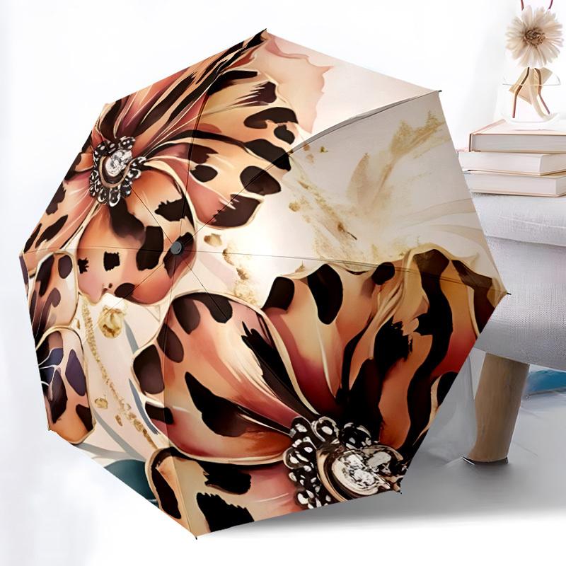 1pc Floral Leopard Automatic Open/close Umbrella, 8-Rib Sturdy Structure, Auto Folding/Opening, Portable Travel Umbrella for Women,110