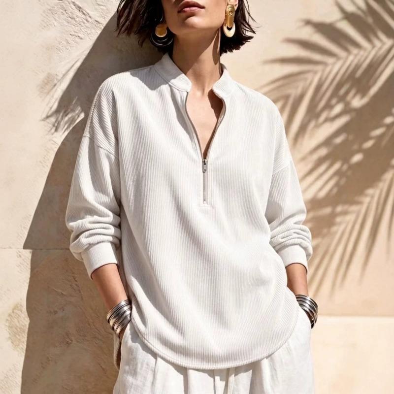 Women S Solid Stand Collar Long Sleeve Loose Corduroy Top