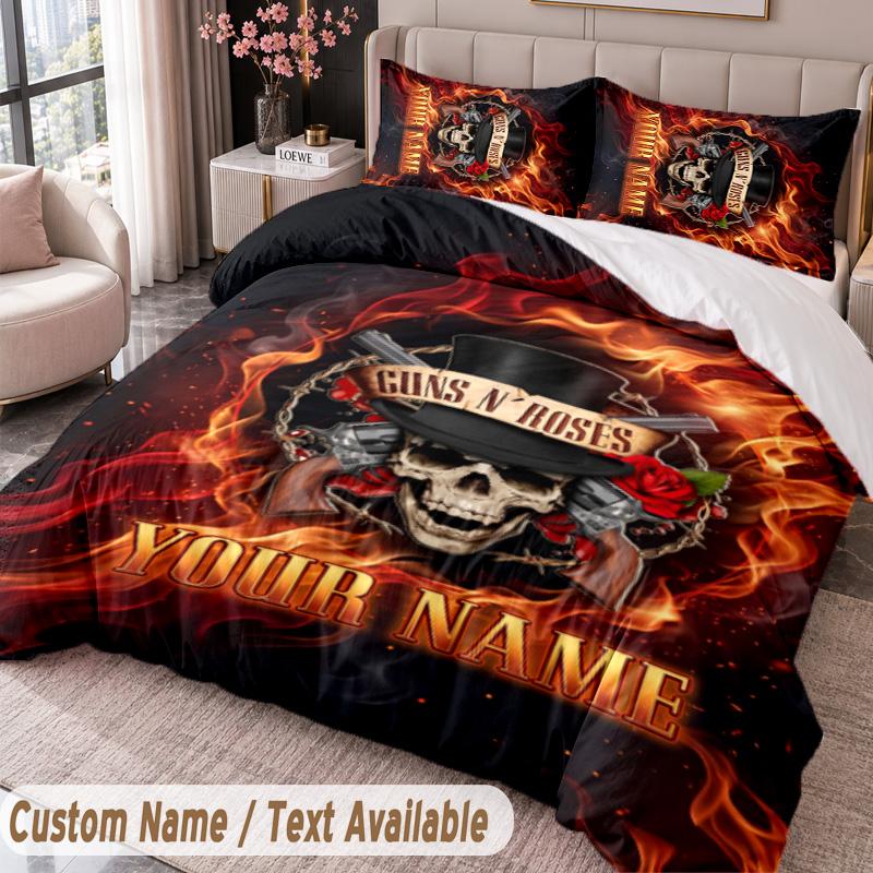 Guns N’ Roses Printed Bedding Set Custom Name Text 1 Duvet Cover 2 Pillowcases For Bedroom