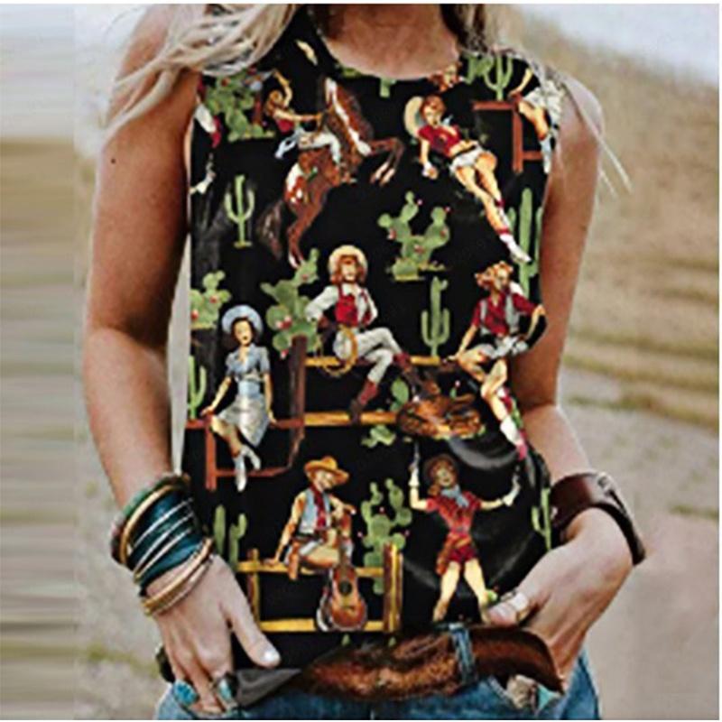 Lady Western-style printed short-sleeved T-shirt, Western style, sleeveless round-neck women's T-shirt