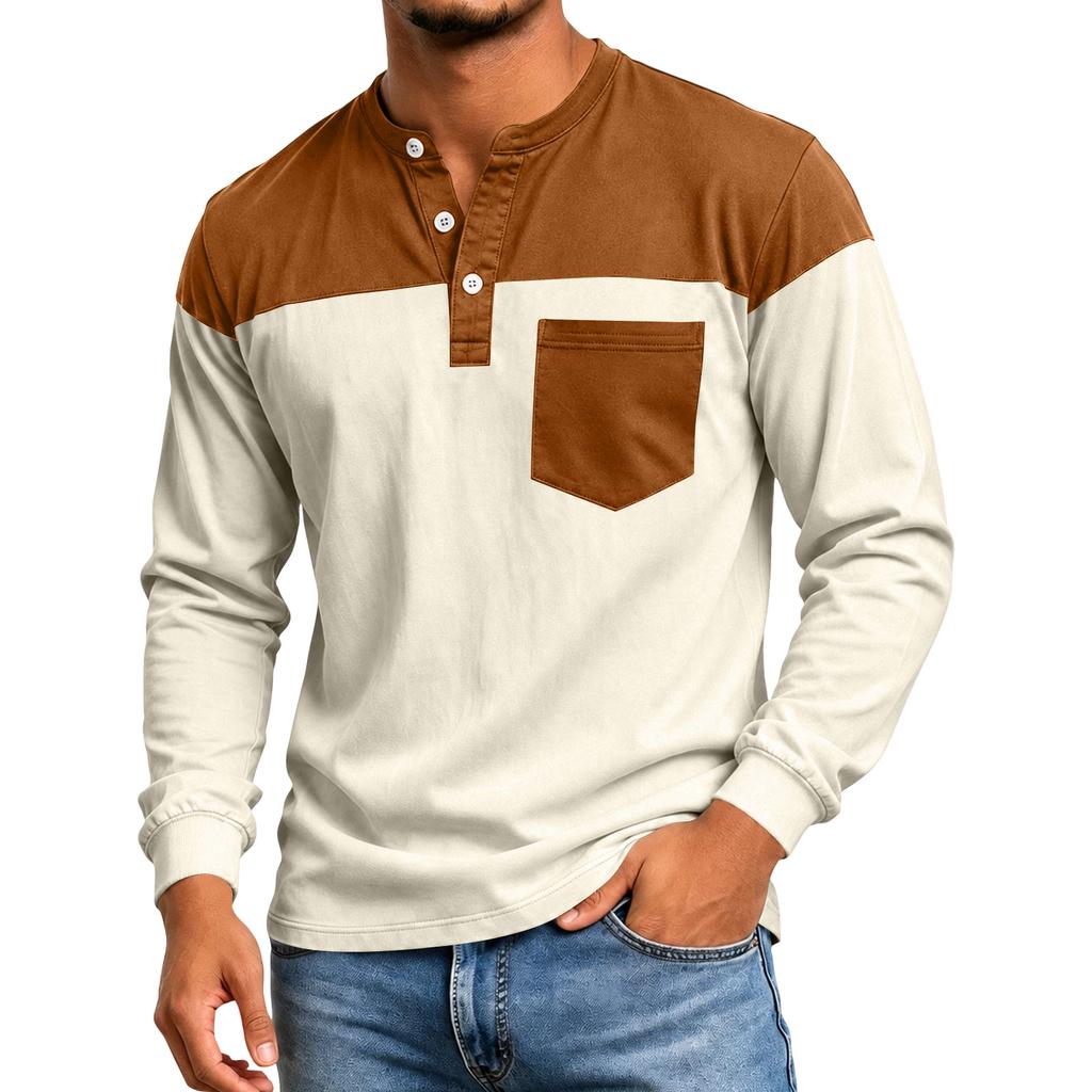 Men's Color Block Long Sleeve Shirt Casual Top for Spring and Fall