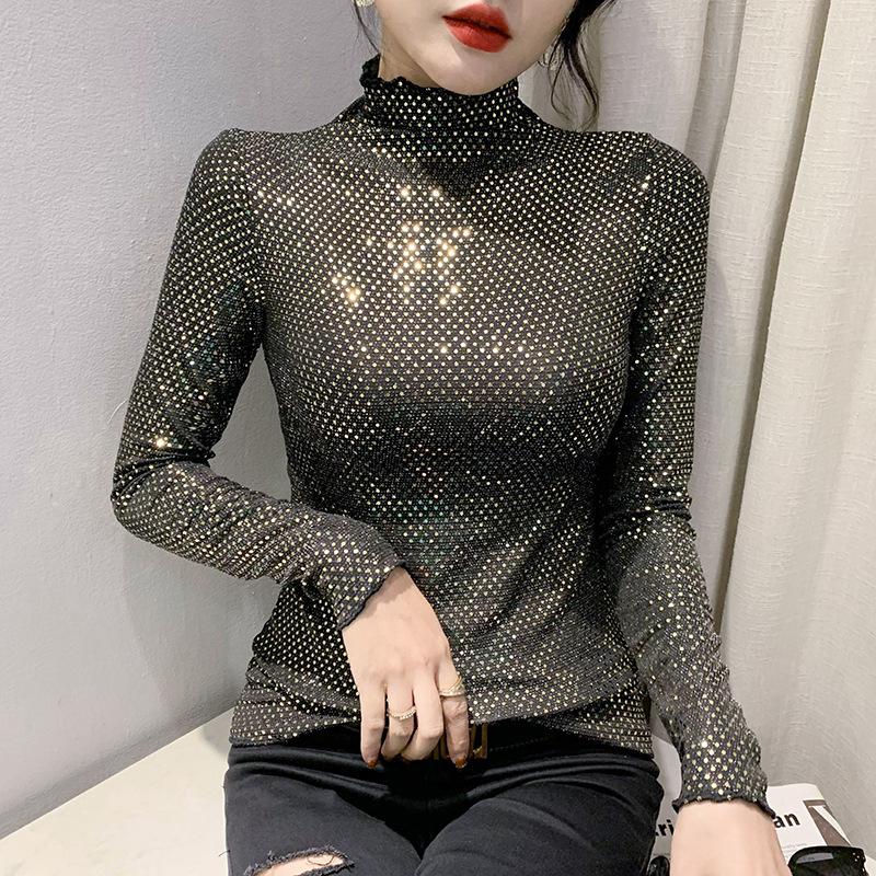 Женский весенне-летний тонкий блестящий длинный рукав с пайетками и высоким воротом, с длинным рукавом 3XL