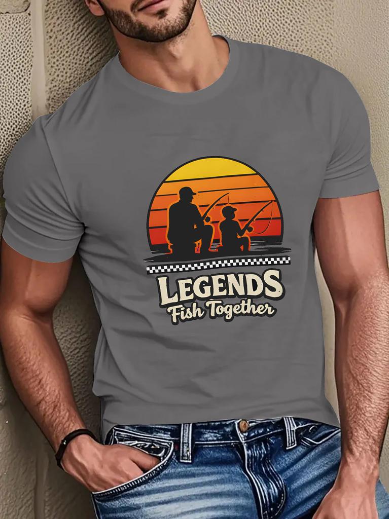 Unisex O Neck Tee Retro Sunset Father Son Fishing Art Print Cotton Short Sleeve Loose Summer Breathable Daily Casual Basic Wear Top