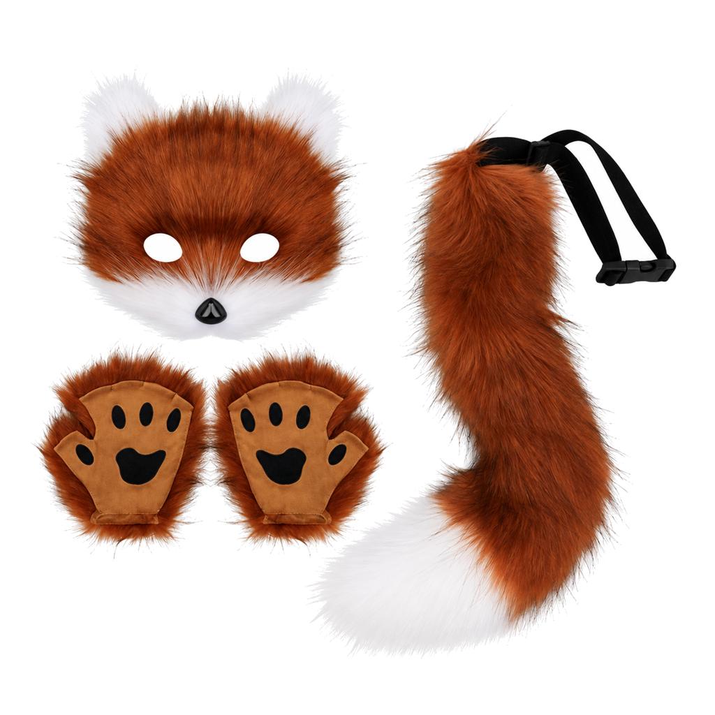 Furry Fox Cat Animal Costume Set 3 Pcs Mask Paw Gloves Tail Therian Fursuit Anime Cosplay Accessories Halloween for Women