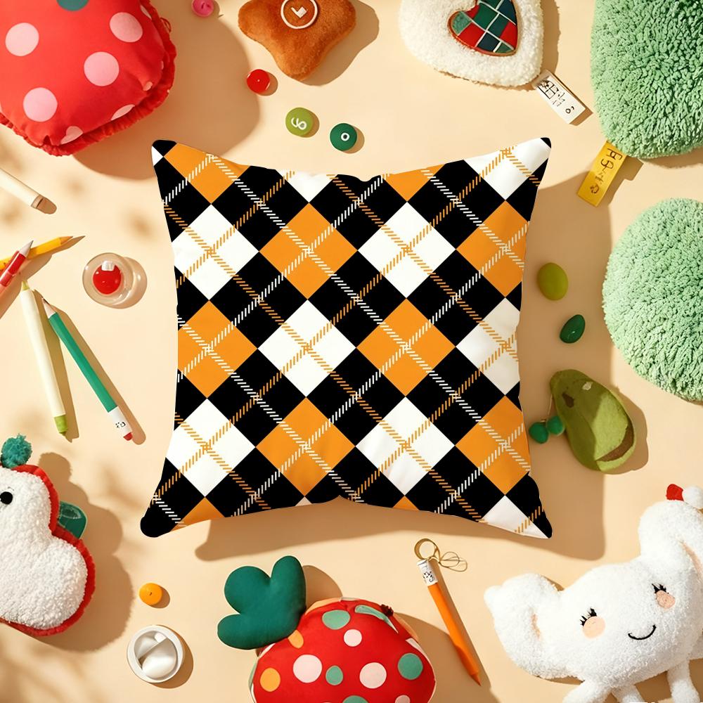 Halloween Grid Cushion Cover Soft Short Plush DoubleSided Printing Home Decor Machine Washable Pillow Case Gift