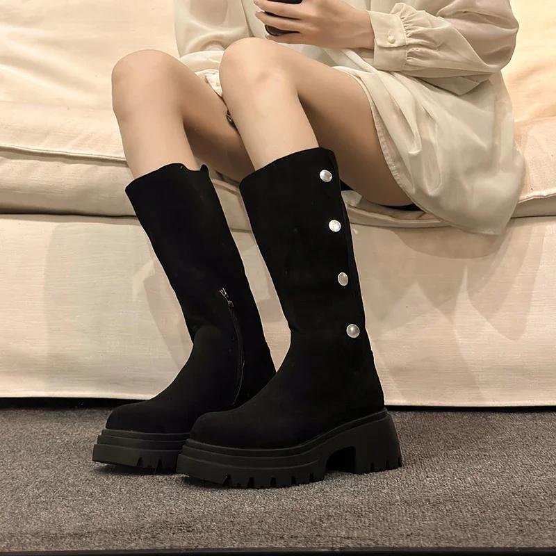 Winter Women Western Knee High Boots Fashion Slip On Shoes Thick Heel Laides Concise Long Botas De Mujer