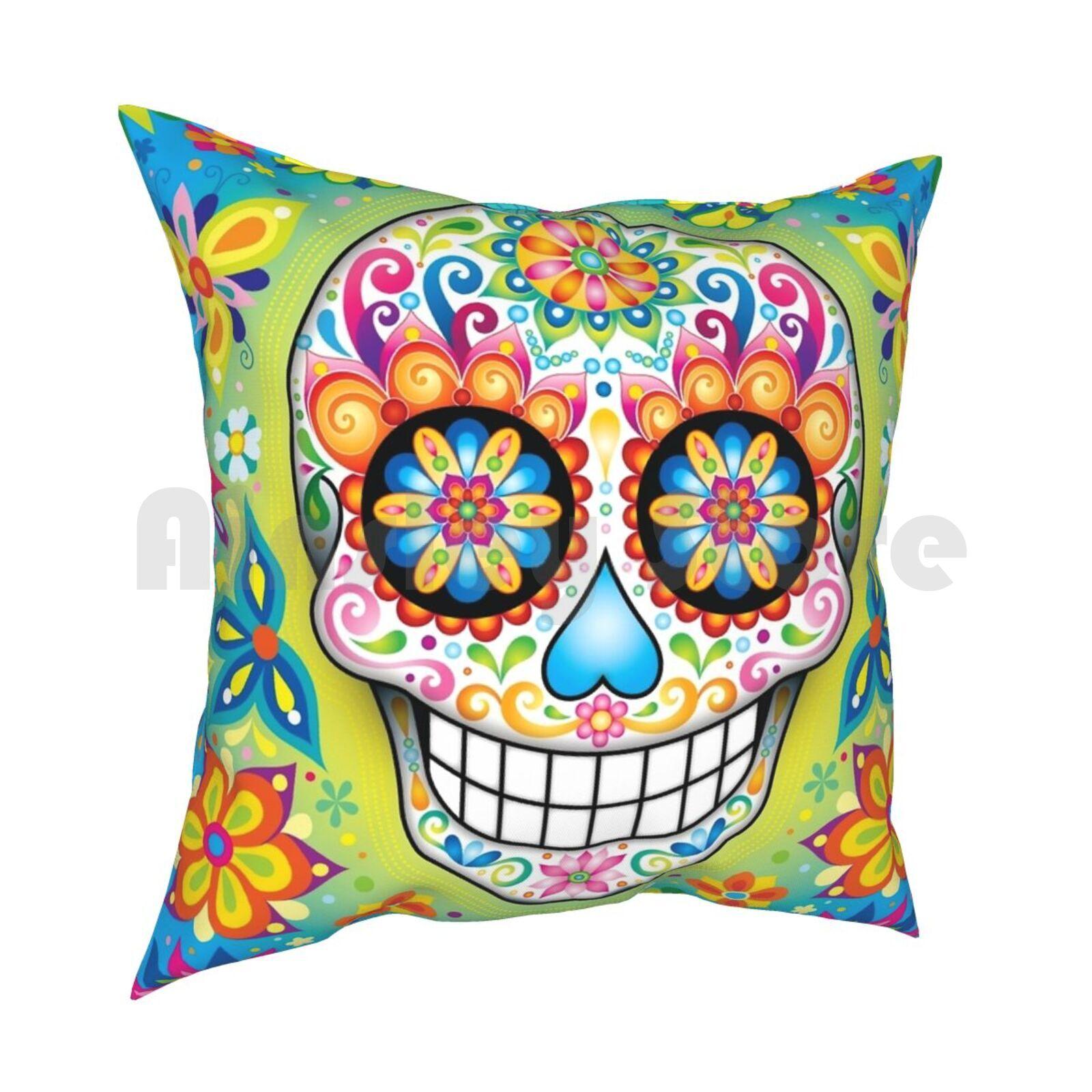 Colorful Sugar Skull Day Of The Dead Art Pillow Case Printed Home Soft Throw Pillow Sugar Skull Day Of The Dead Dia De 30x30cm 12x12in