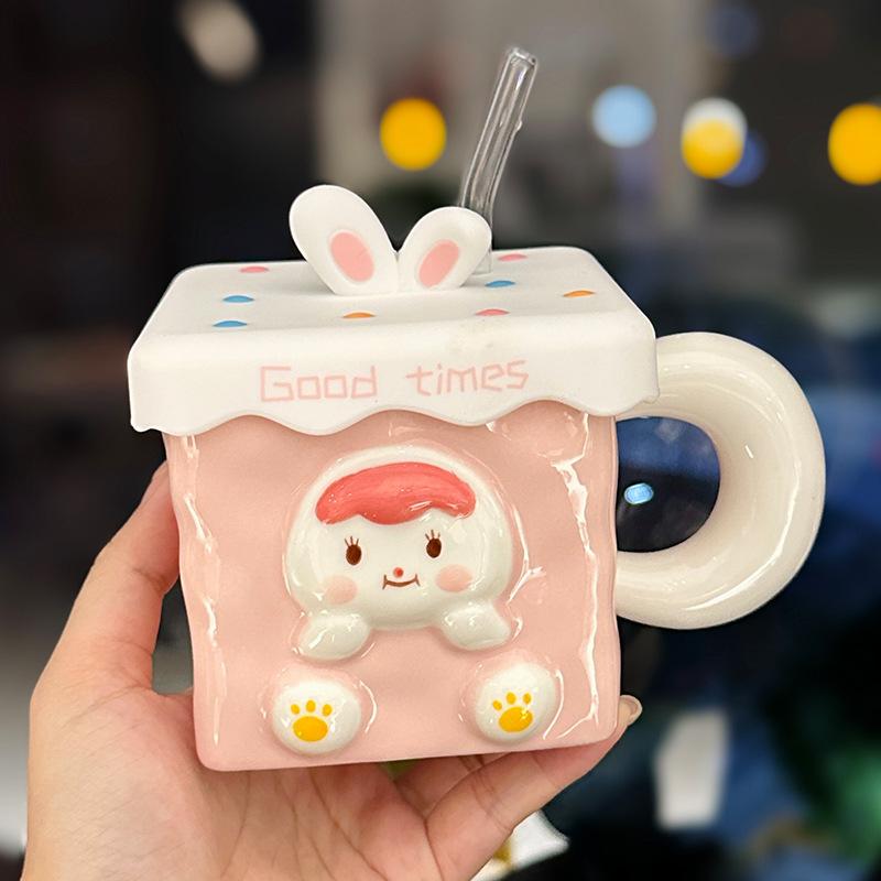 Cute Rabbit Ceramic Mug With Lid Pink Cute Water Cup Girl Heart Household Milk Straw Cup Souvenir