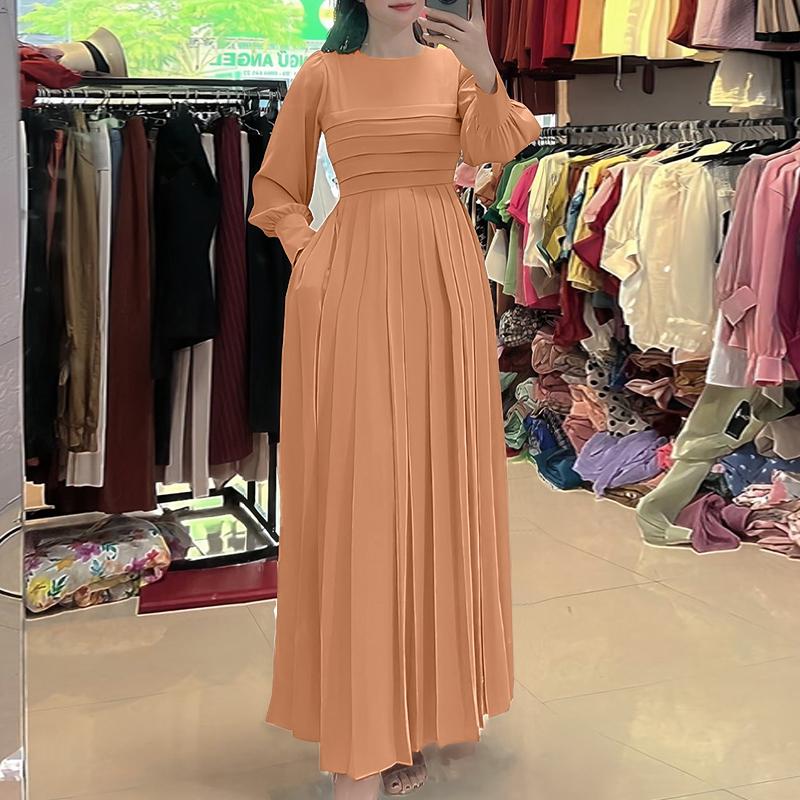 ZANZEA Women Casual Round Neck Solid Color Long Sleeve Loose Dress