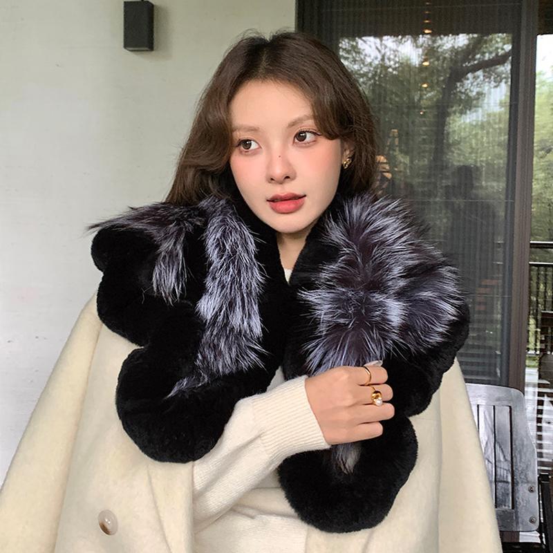 New Women Winter Real Rex Rabbit Fur Scarf Shawl Warm Soft Silver Fox Fur Scarves Female Fashion 100% Real Rex Rabbit Fur Poncho