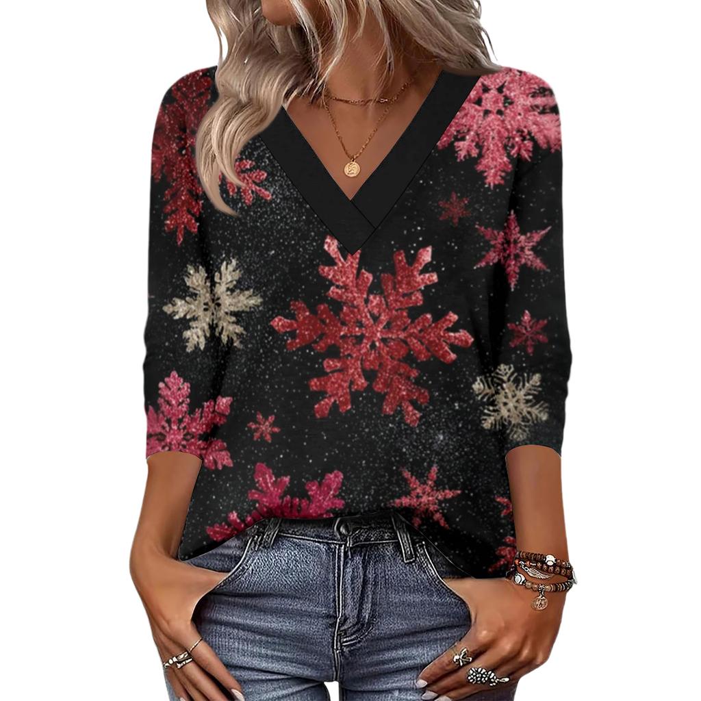 Women's Loose Comfortable Casual Fashion V-Neck Christmas Print 3/4 Sleeve Top
