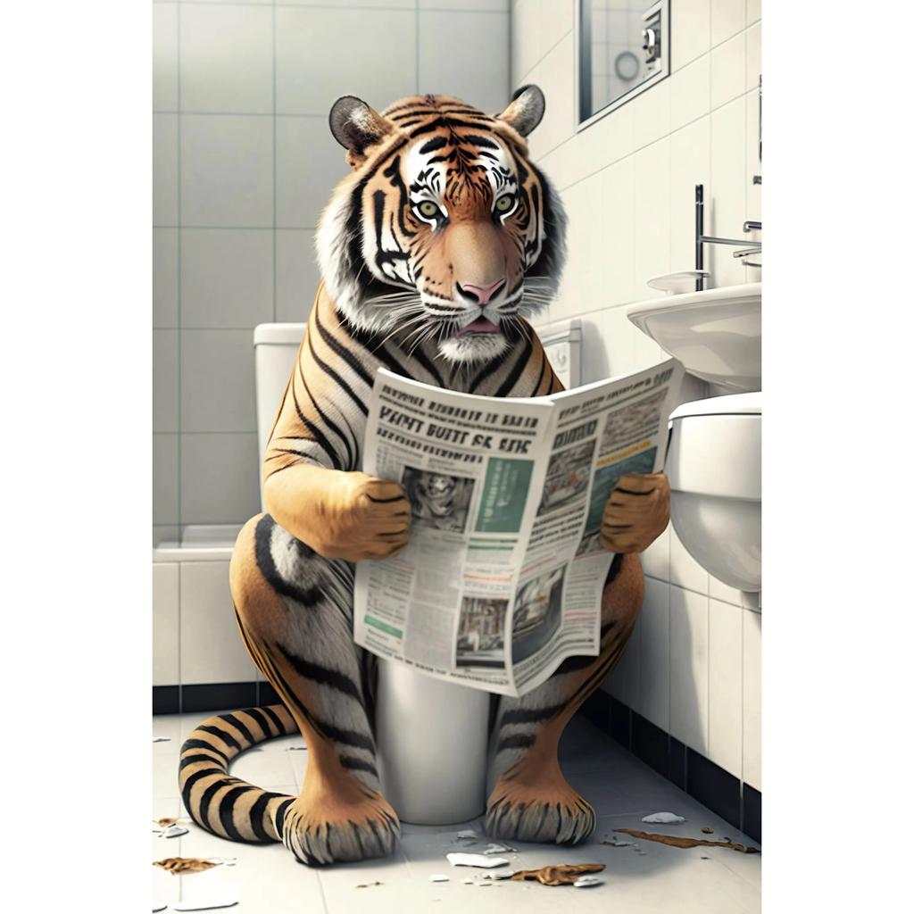 Funny Bathroom Humorous Animal Wall Canvas Paintings Decor Bear Dog Tiger Sitting On Toilet Reading Newspaper Poster Art Print