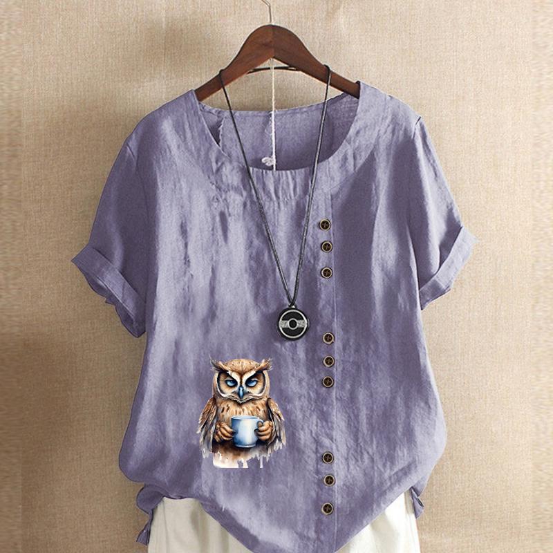 Women's Fashion Owl Prined Short Sleeve T-shirt Loose Cotton Shirt Casual Loose Summer Blouse Tops Plus Size