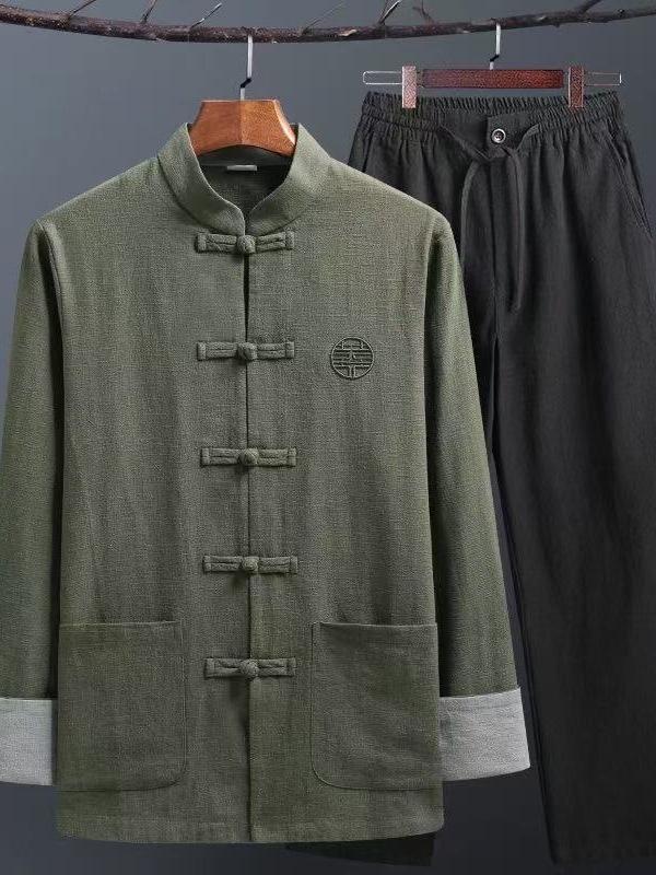 Men's Retro Chinese Tang Suit: Spring/Autumn Cotton Linen 3-Piece Set with Long Sleeve Frog Button Hanfu Coat