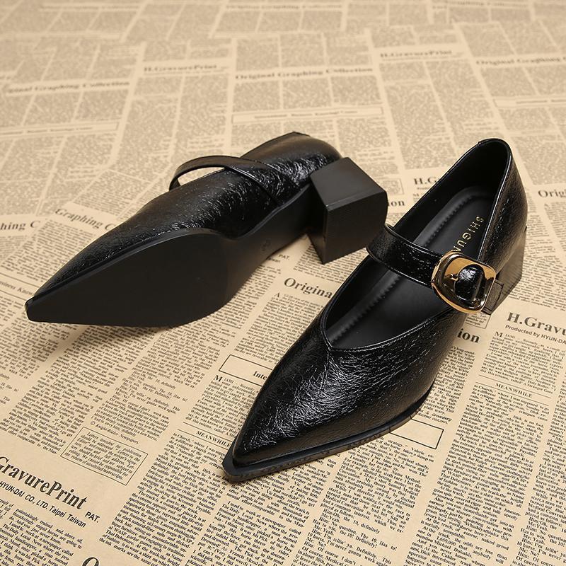 

83656-2 женская обувь 2025 весна и лето новая неглубокая кожаная обувь с острым носком Мэри Джейн на высоком каблуке ретро одинарная обувь 40 чёрный